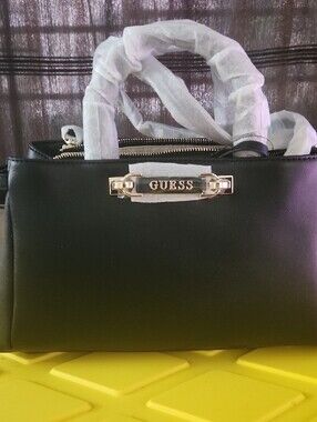 GUESS Black Satchel with Gold Logo Plate